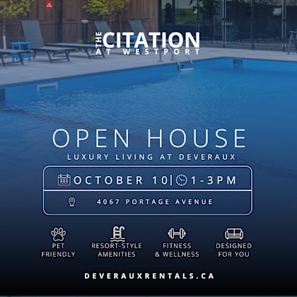 an advertisement for an open house at the citation at westport on october 10th from 1-3 pm.