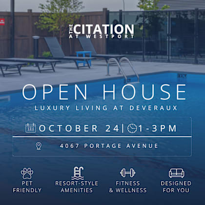 an advertisement for an open house event at doveraux on october 24th from 1-3 pm.