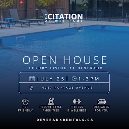 an advertisement for an open house at the citation at westport, featuring a pool and various amenities.