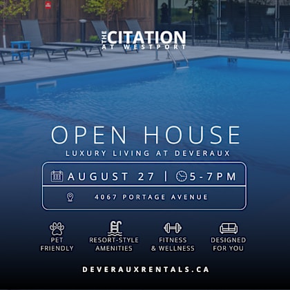 an advertisement for an open house at the citation at westport, featuring a pool and various amenities.