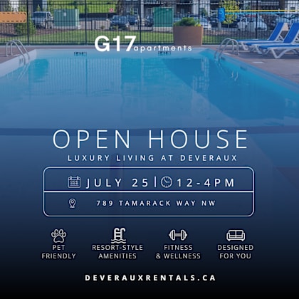 a pool with the text "g17 apartments" and "open house" on a blue background.