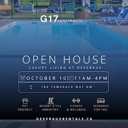 an open house event for g17 apartments is scheduled for october 10th from 11 am to 4 pm.