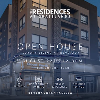 an advertisement for an open house at the residences at grasslands on august 22 from 12-3 pm.