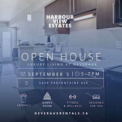 an advertisement for harbour view estates showcasing an open house event.