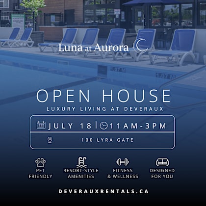 a poolside image advertising an open house at luna at aurora.