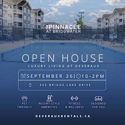 an advertisement for an open house at bridgwater, featuring a pool and apartment buildings.