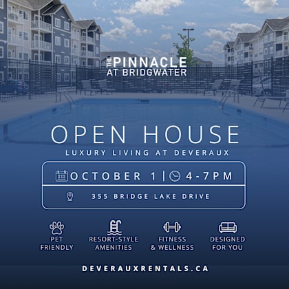 an advertisement for an open house at bridgwater, featuring a pool and apartment buildings.