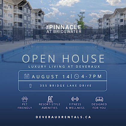 a poster advertises an open house for luxury living at deveraux, featuring a swimming pool and amenities.