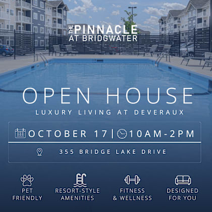 a promotional image for pinnacle at bridgewater, advertising an open house event on october 17 from 10 am to 2 pm.