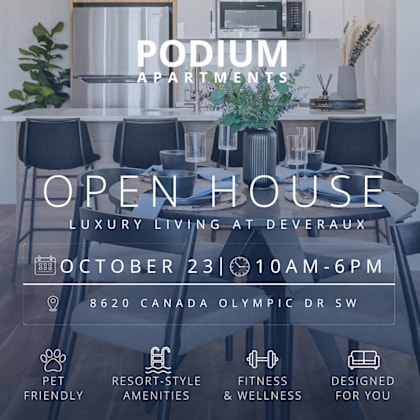 an open house event for podium apartments is scheduled for october 23rd from 10 am to 6 pm.