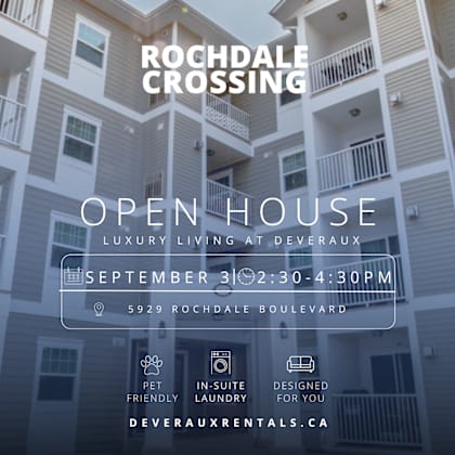 an advertisement for rochdale crossing apartments, highlighting their open house event on september 3rd.