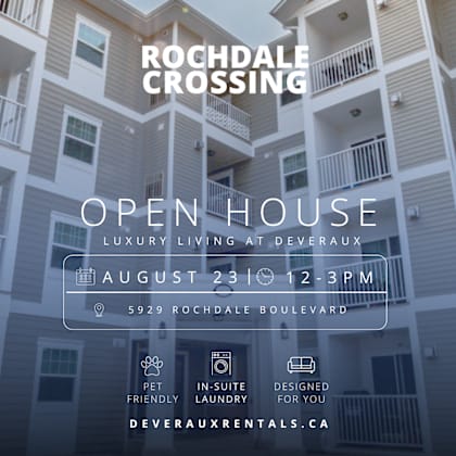 an advertisement for rochdale crossing, a luxury apartment complex, is promoting an open house event on august 23 from 12-3 pm.