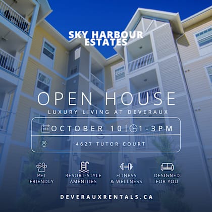 an advertisement for sky harbour estates showcasing their open house event at deveraux on october 10th from 1-3 pm.