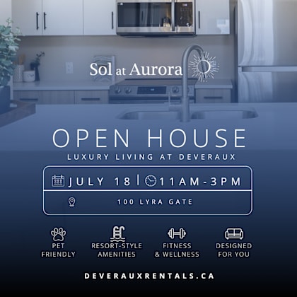 an advertisement for an open house event at sol at aurora, featuring a kitchen area.