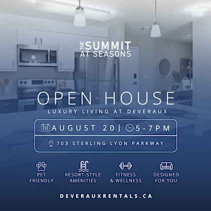 a poster advertises an open house at deveraux with amenities like pet-friendly and fitness options.