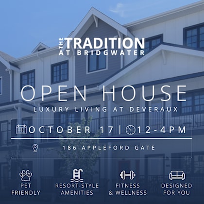 an open house event for a luxury living at deveraux is scheduled for october 17th from 12-4pm.