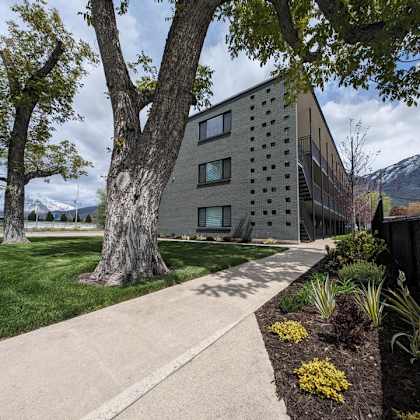 elevation of the building with trees and grass and a sidewalk