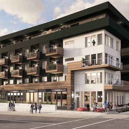 a rendering of a building with a lot of balconies and people walking in front of it