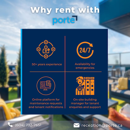 a poster advertising the benefits of renting with porte, highlighting their 50 years of experience, 24/7 availability, online platform for maintenance requests, and on-site building manager support.