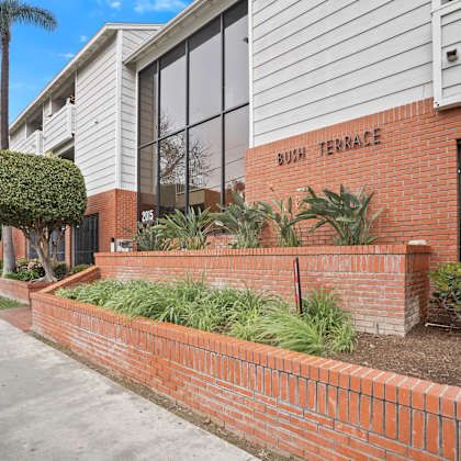 bush terrace is a residential building with a brick wall and green plants.