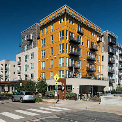 street view of the exterior apartment building at track 29 apartments, minneapolis, mn, minnesota