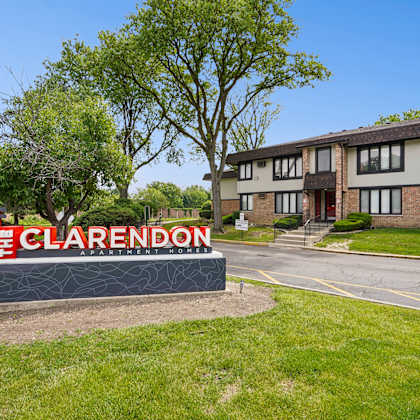 the clarendon sign is in front of a building.