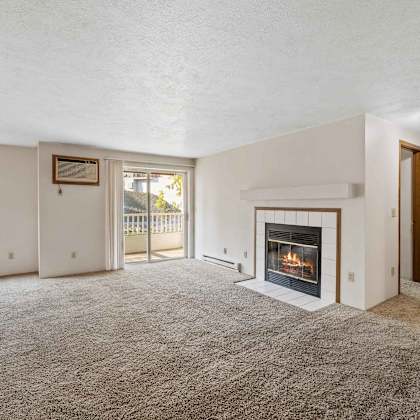 a living room with a fireplace and a door to a balcony