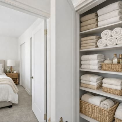 a white bathroom with a towel shelf and a bed.