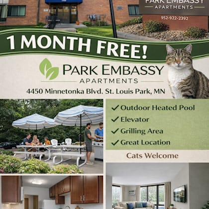 an advertisement for park embassy apartments, offering a one-month free stay.