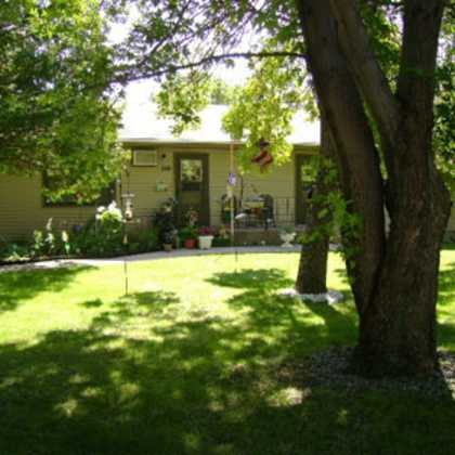 a tree stands in a yard in front of a house.
