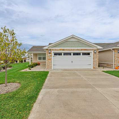 a house with a brown garage door and a tree in the front yard.