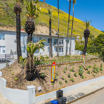 a white house with a garden in front of it.
