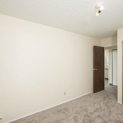 a room with a carpeted floor, a window, and a door.