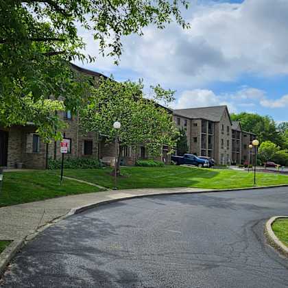 a street view of a residential area with houses and cars.