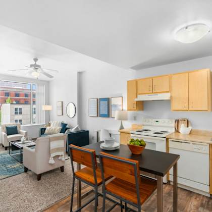 dining and kitchen at pacific tower apartments, oregon
