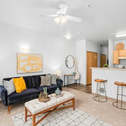 living and kitchen view at fifth avenue place apartments, oregon, 97209