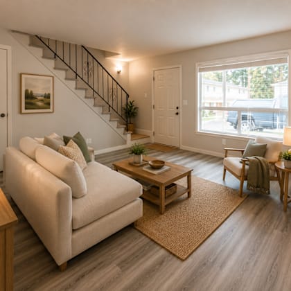 a living room with a white couch, a wooden coffee table, and a staircase.