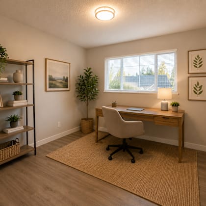 a room with a desk, chair, and shelves with plants and decorations.