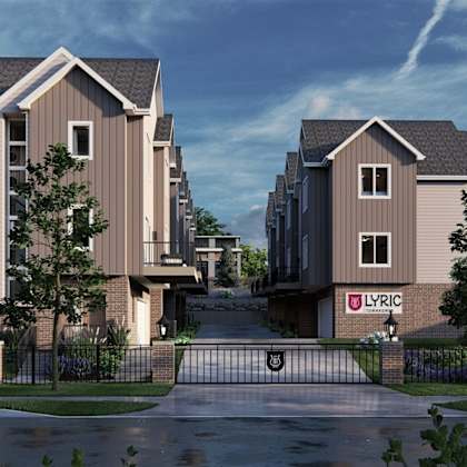a row of houses with the word