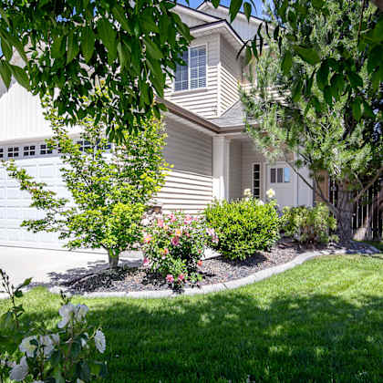 a house with a white garage door and a tree in front of it.