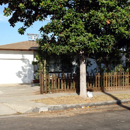 a house with a fence and a tree in front of it