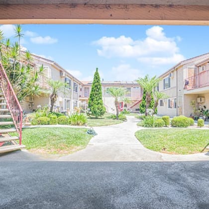 a courtyard with a tree in the middle and apartment buildings on the sides.
