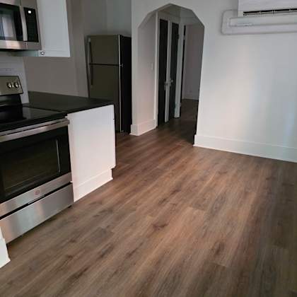 a modern kitchen with a stainless steel oven and a wooden floor.