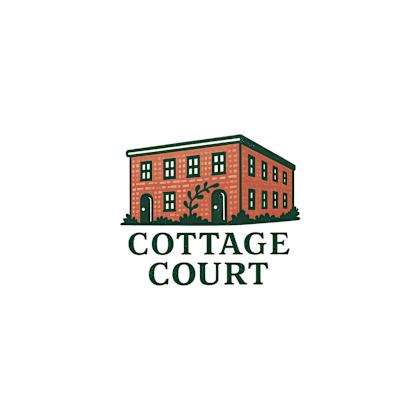 a red building with a tree in front of it and the words cottage court below it.