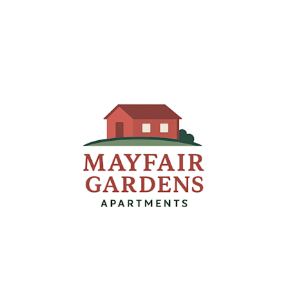 a logo for mayfair gardens apartments featuring a red house on a green lawn.
