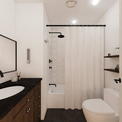 a bathroom with a sink, toilet, and shower.