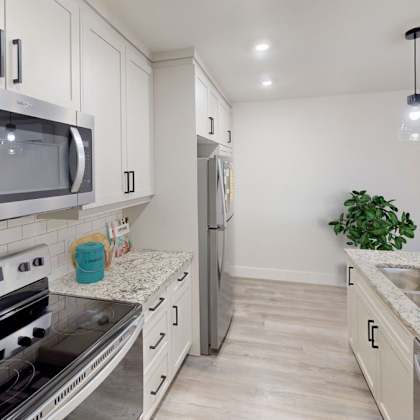 a modern kitchen with stainless steel appliances and a marble countertop.