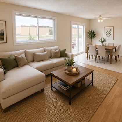 a living room with a white couch, a coffee table, and a dining table with chairs.