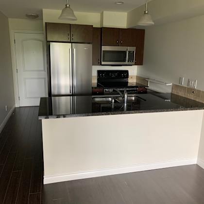 a kitchen with a black countertop and stainless steel appliances.