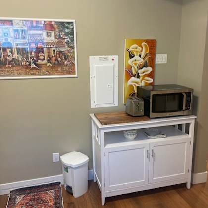 a kitchen with a white fridge, a microwave, and a cabinet.